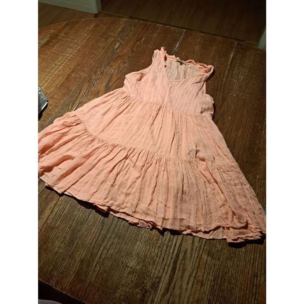 Small Wonderly Peach VNeck Sleeveless Rayon Ruffle Lined Mini Casual Dress